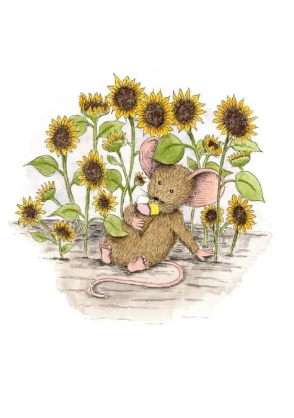 Anillustration Ansichtkaart Zonnebloemen met muisje