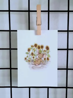 Anillustration Ansichtkaart Zonnebloemen met muisje