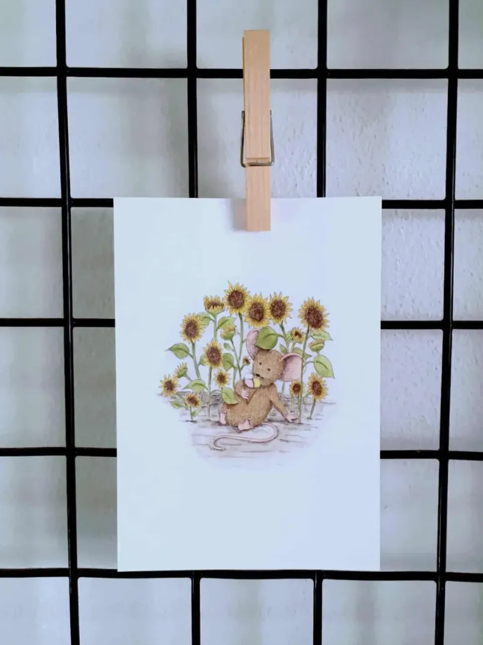 Anillustration Ansichtkaart Zonnebloemen met muisje