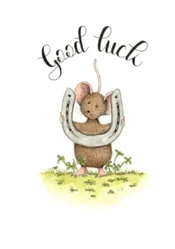 Anillustration Ansichtkaart Muis met hoefijzer good luck