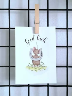Anillustration Ansichtkaart Muis met hoefijzer good luck