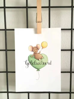 Anillustration Ansichtkaart Muis zittend op ballon