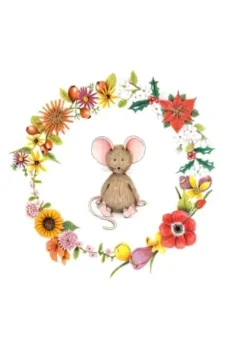 Anillustration Ansichtkaart Muisje  in bloemenkrans