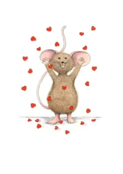 Anillustration Ansichtkaart Muisje gooit hartjes in de lucht