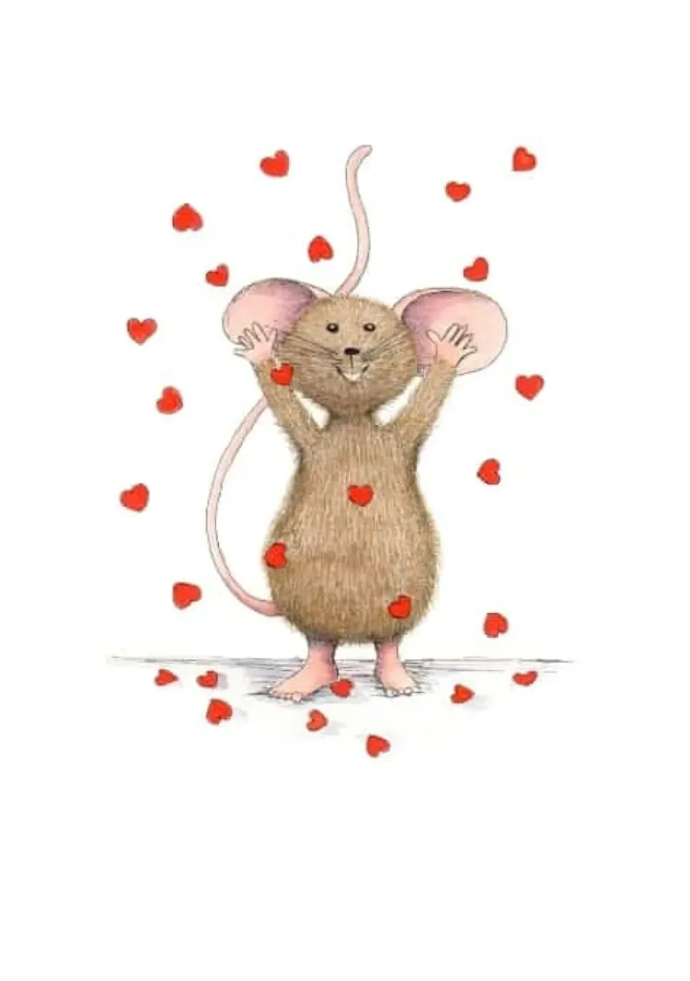 Anillustration Ansichtkaart Muisje gooit hartjes in de lucht