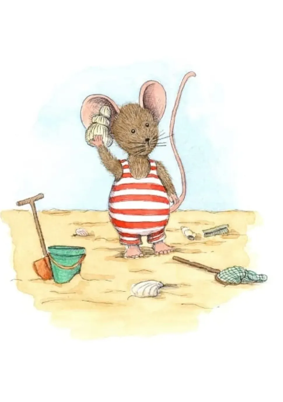 Anillustration Ansichtkaart Muisje bellen met schelp