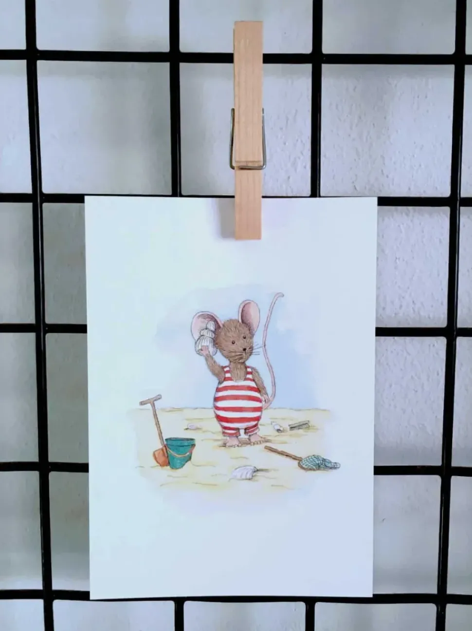 Anillustration Ansichtkaart Muisje bellen met schelp