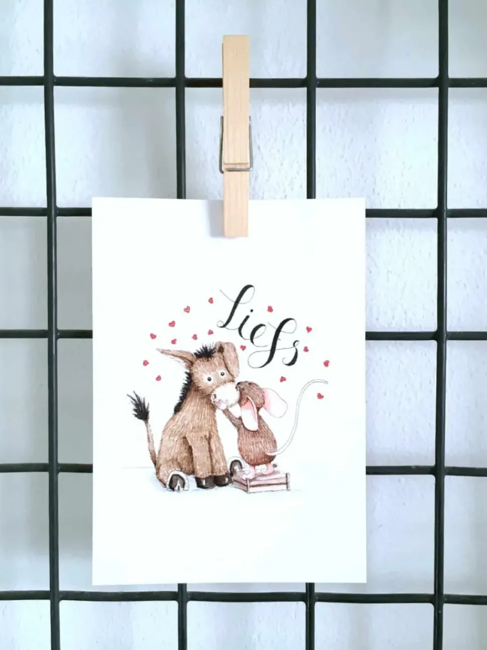 Anillustration Ansichtkaart Ezel & muis liefs met hartjes