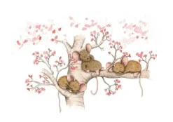Anillustration Ansichtkaart Slapende muisjes bloesemboom