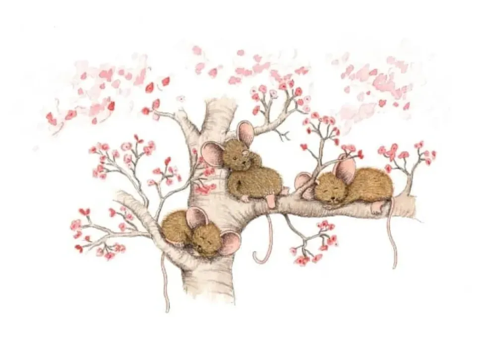 Anillustration Ansichtkaart Slapende muisjes bloesemboom