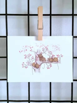 Anillustration Ansichtkaart Slapende muisjes bloesemboom