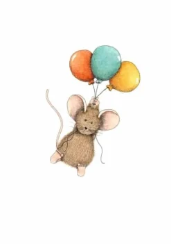 Anillustration Ansichtkaart Muisje hangt aan ballonnen