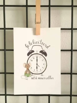 Anillustration Ansichtkaart Gefeliciteerd met de nieuwe wekker