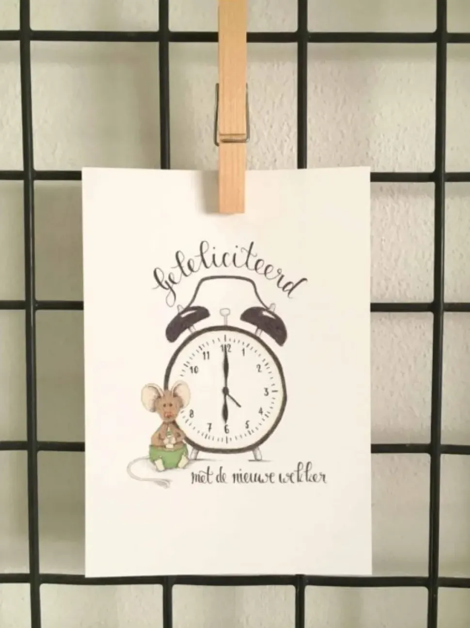 Anillustration Ansichtkaart Gefeliciteerd met de nieuwe wekker