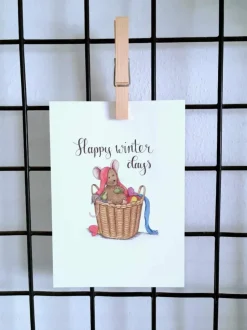 Anillustration Ansichtkaart Muisje in mand winterkleding