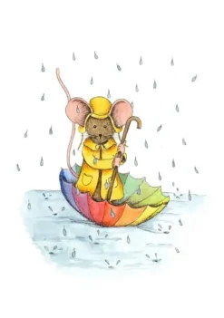 Anillustration Ansichtkaart Muisje varen in paraplu