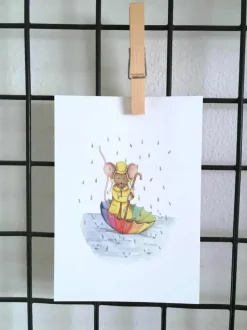 Anillustration Ansichtkaart Muisje varen in paraplu