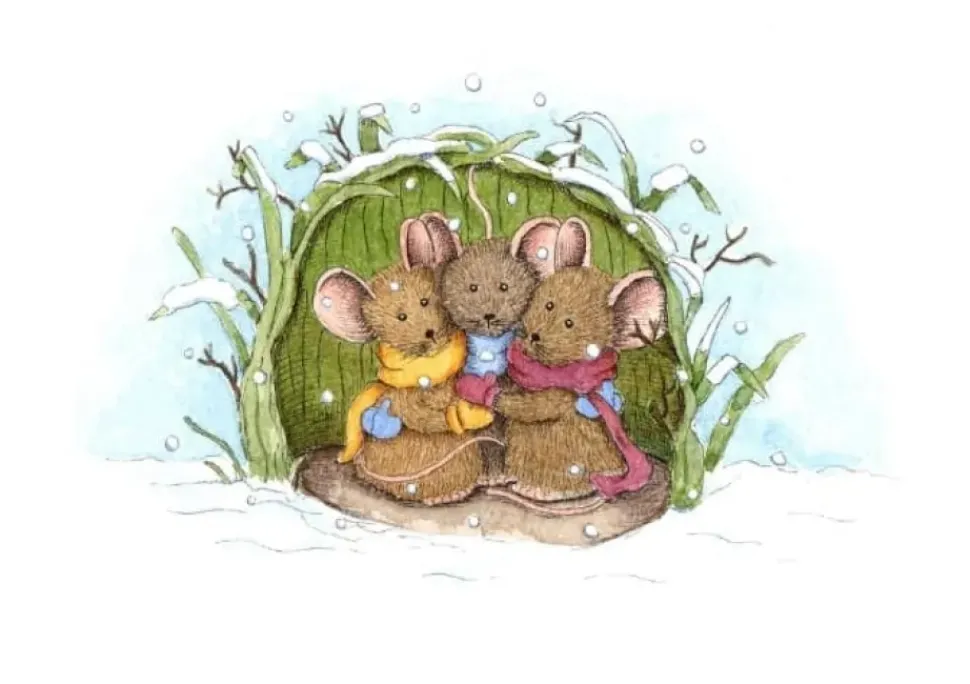Anillustration Ansichtkaart Muisjes schuilen voor sneeuw