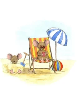 Anillustration Ansichtkaart Muisje aan het strand zonnebaden