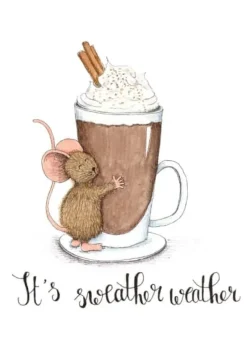 Anillustration Ansichtkaart Muisje knuffelt chocolademelk