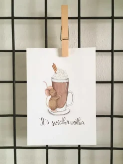 Anillustration Ansichtkaart Muisje knuffelt chocolademelk