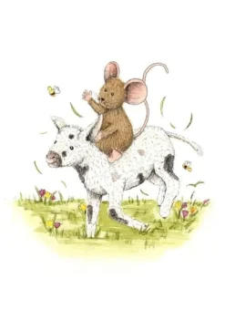 Anillustration Ansichtkaart Muisje zit op lammetje