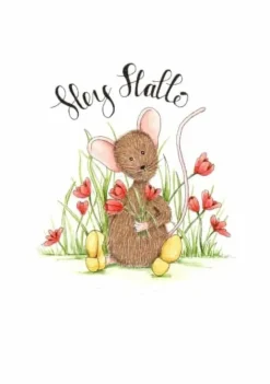 Anillustration Ansichtkaart Hey hallo muisje met tulpen