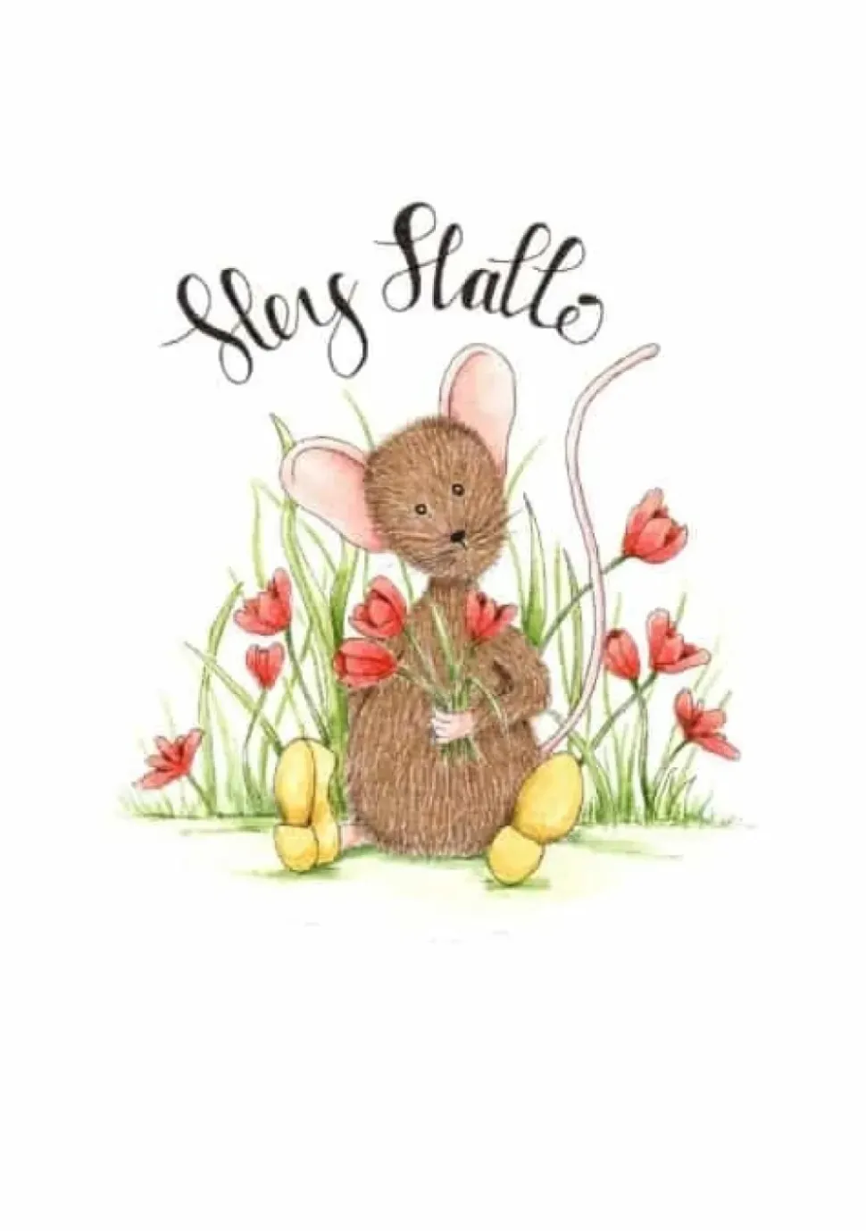 Anillustration Ansichtkaart Hey hallo muisje met tulpen