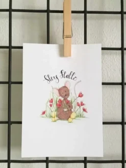 Anillustration Ansichtkaart Hey hallo muisje met tulpen