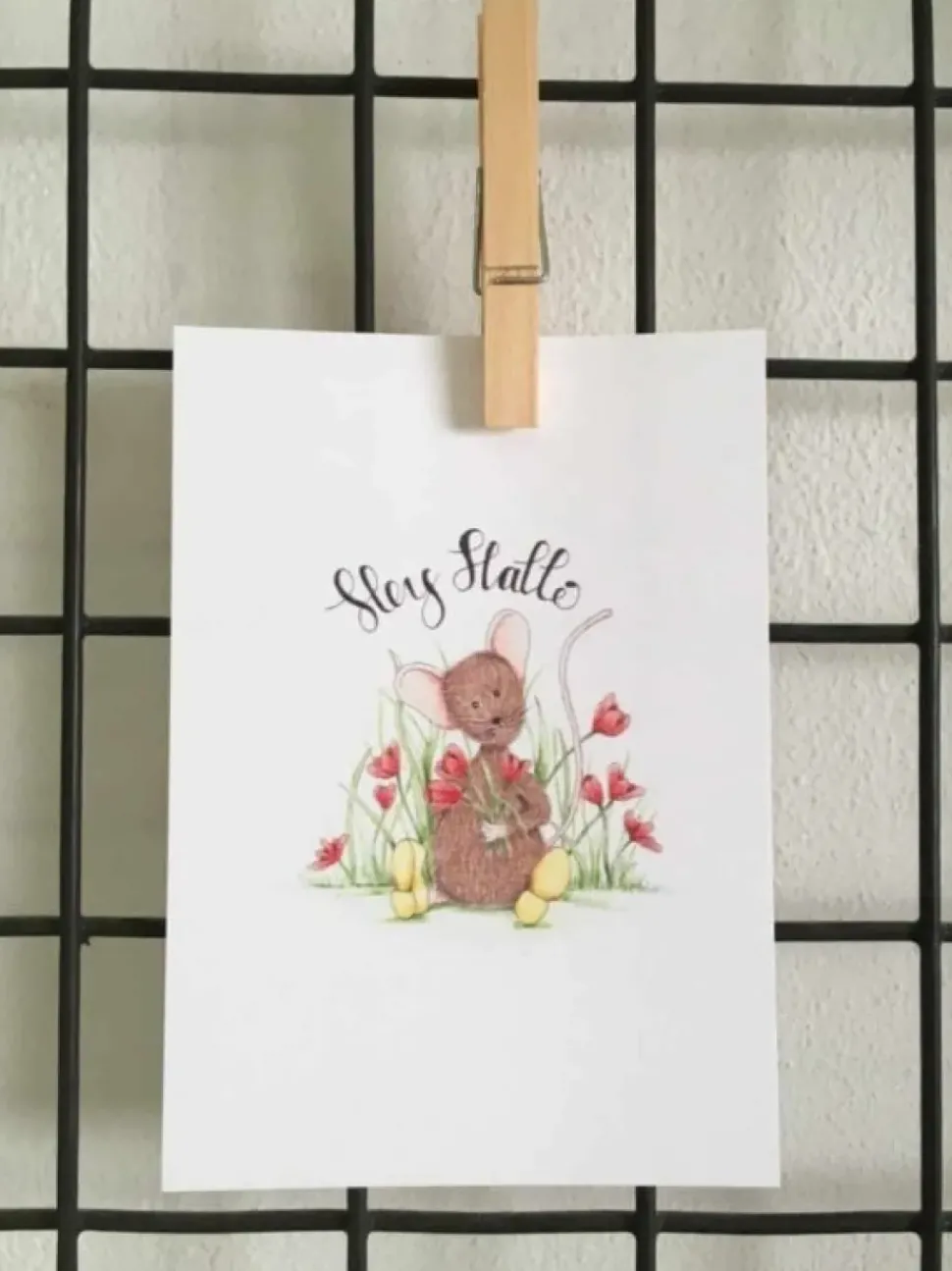 Anillustration Ansichtkaart Hey hallo muisje met tulpen