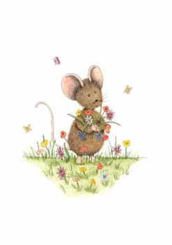 Anillustration Ansichtkaart Muisje in bloemenveld