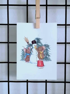 Anillustration Ansichtkaart Muisjes maken sneeuwpop