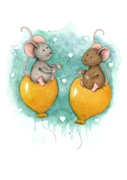 Anillustration Ansichtkaart Muisjes op gele ballonnen liefde